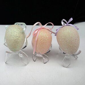 Glittered Easter Egg Ornaments With Pastel Ribbons - Set Of 3 Pink Purple Green